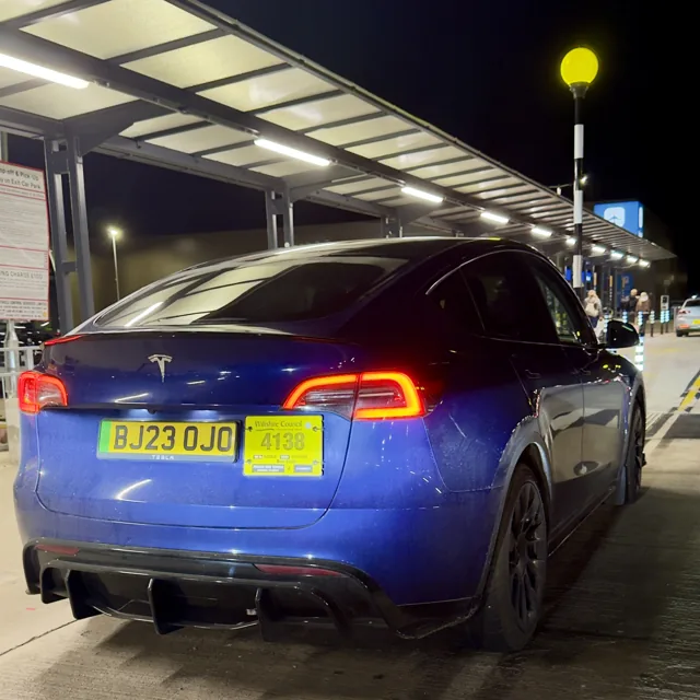 EV Rider Tesla at Bristol Airport in the early hours
